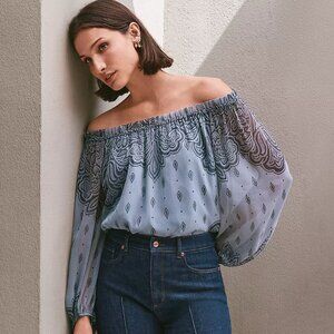 NWT Loft Paisley Ruffle Neck Tie Cuff Blouse XS